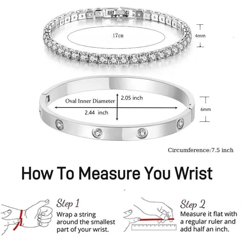 2Pcs/Set 18K Gold Plated Dainty Tennis Bracelets Love Bangle Bracelets 4/6mm Cubic Zirconia Classic Tennis Bracele for Women