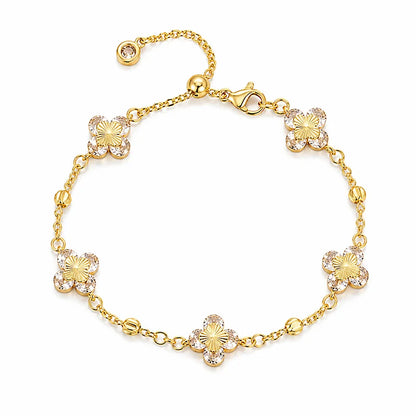 Lucky Clover Bracelet for Women 14K Gold Plated Sparkling CZ Flower Charm Bracelet Adjustable Chain Jewelry Elegant Gift