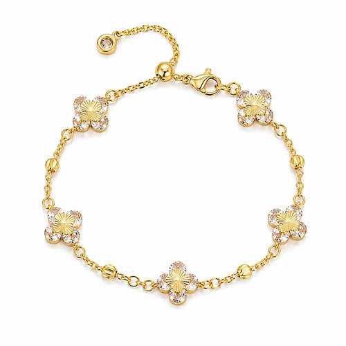 Lucky Clover Bracelet for Women 14K Gold Plated Sparkling CZ Flower Charm Bracelet Adjustable Chain Jewelry Elegant Gift