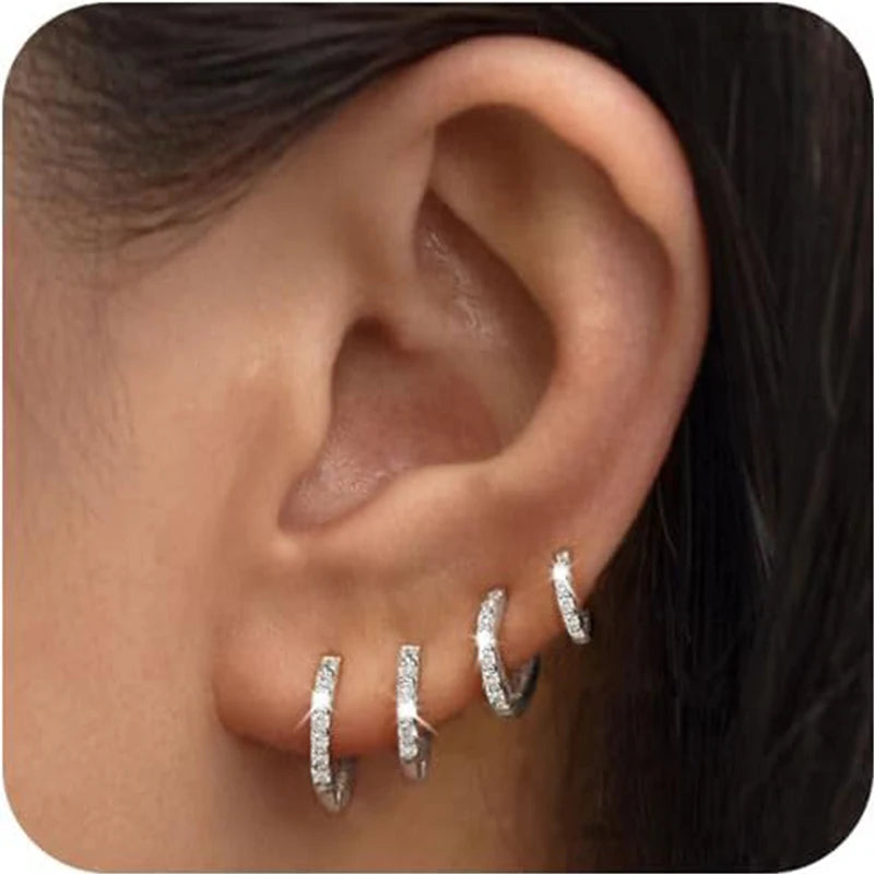 4 Pairs Small 925 Silver Plated CZ Hoop Earrings Set Cartilage Helix Sparkling Cubic Zirconia Huggie Hoops Earrings for Women