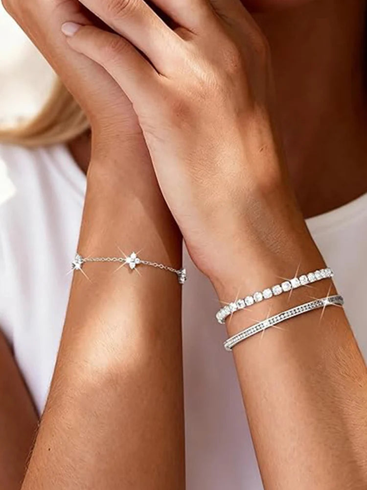 Shiny Crystal Stackable Bracelet for Women Dainty Clover Chain Square Zircon Bangle Stackable Adjustable Party Jewelry Gift