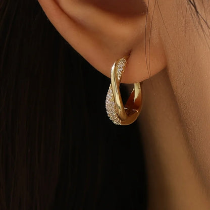 2026 New Twisted Zircon Hoop Earrings for Women Gold Plated Cross Twisted Cuff Earrings Sparkling Micro Paved CZ Party Jewelry
