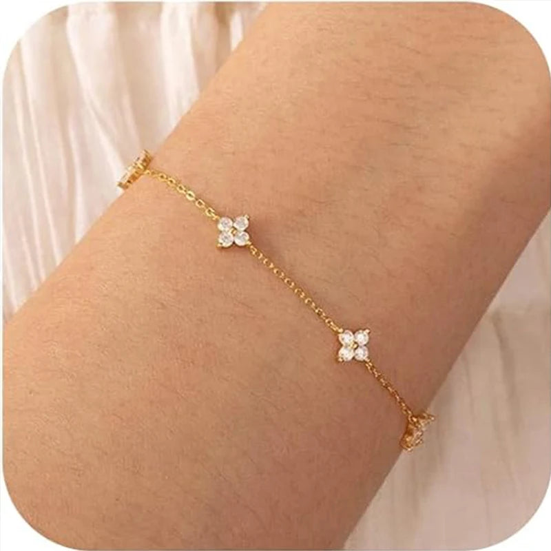 14K Gold/Silver Plated Flower Bracelets for Women Cubic Zirconia Four Clover Leaf Charm Dainty Bracelets Shiny Jewelry Gifts