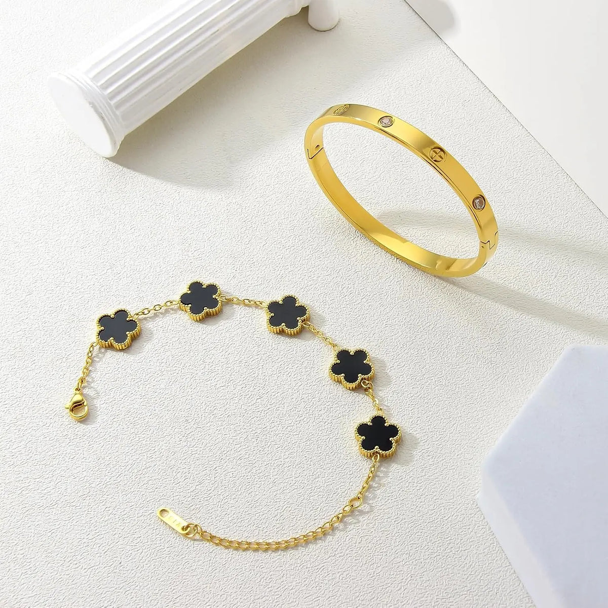 18K Gold Plated Bracelets for Women-2Pcs Love Cubic Zirconia Lucky Five Leaf Link Bracelets Dainty Bangle Stack Jewelry Set Gift