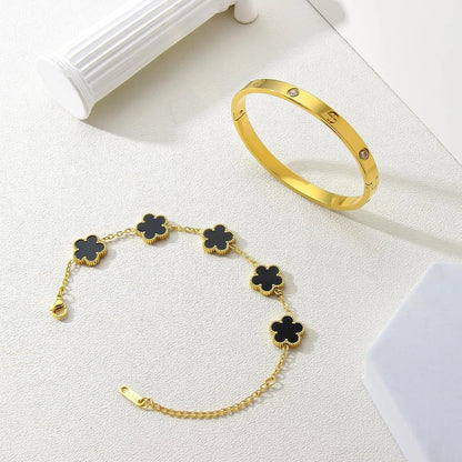 18K Gold Plated Bracelets for Women-2Pcs Love Cubic Zirconia Lucky Five Leaf Link Bracelets Dainty Bangle Stack Jewelry Set Gift