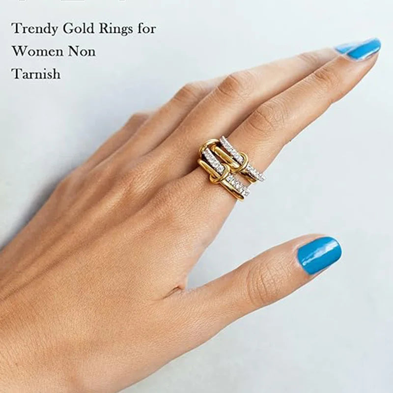 18K Gold Plated Interlocked Stackable Rings for Women Statement Ring Stack Set Gifts Cubic Zirconia Stacking Jewelry