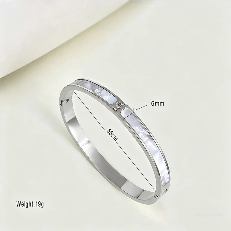 304 Stainless Steel Bangle Bracelet for Women White Shell Inlaid CZ Crystal Open Cuff Bangle Waterproof No Fade Daily Jewelry