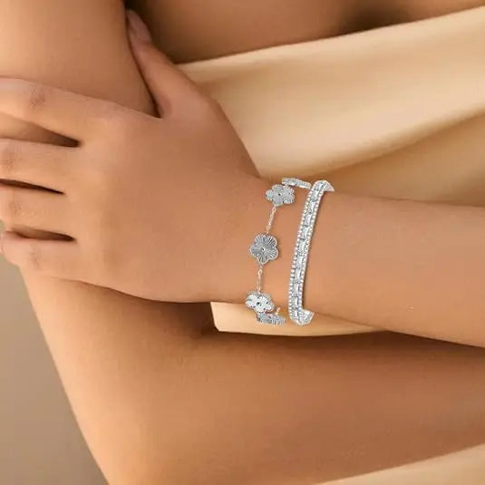 2Pcs Stackable Gold Bracelet Set for Women Cubic Zirconia Tennis Bracelet 18K Gold Plated Flower Bracelet Set Trendy Gifts