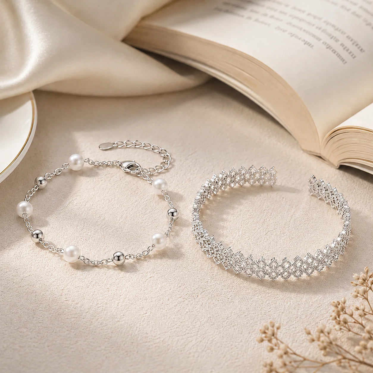 925 Silver Plated Bracelet Set for Women Pearl Chain Layered Bracelet Hollow Flower Adjustable Minimalist Jewelry Gift