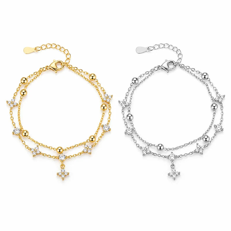 14K Gold Plated Clover Bracelet for Women Beaded Stackable Charm Bracelet Lucky Jewelry Gift