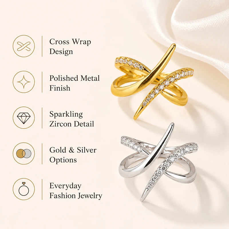 Cross Wrap Ring for Women CZ Zircon Adjustable Open Ring Minimalist Fashion Jewelry Gold Silver Color Statement Ring Gift