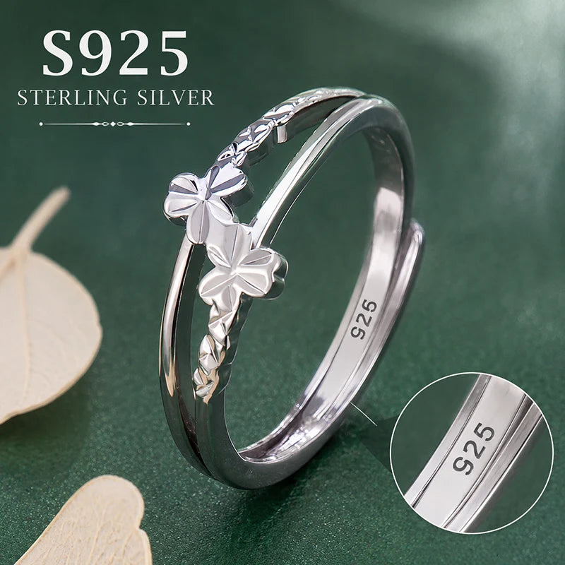 S925 Sterling Silver Triple Flower Open Ring Double Layer Adjustable Ring Minimalist Dainty Floral Jewelry for Women