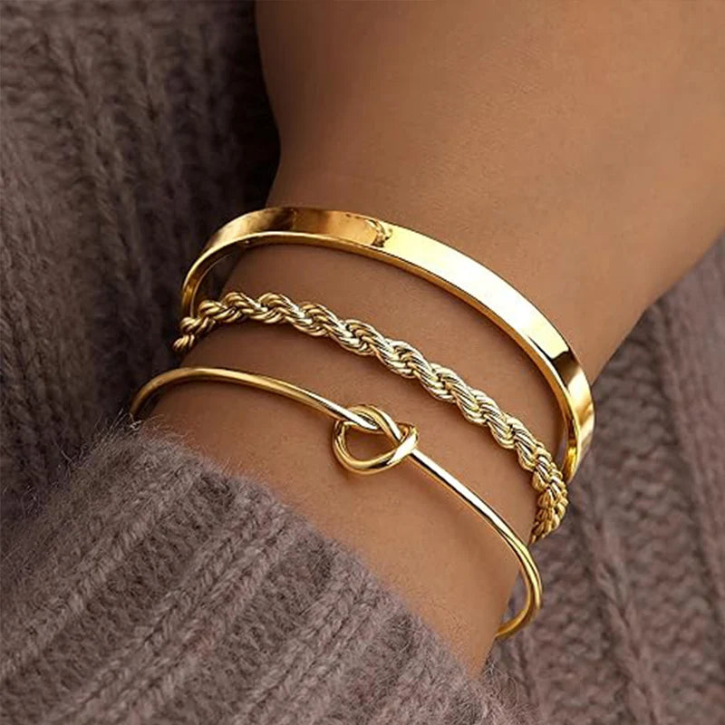 3Pcs Gold Stackable Bracelets Set for Women Dainty Knot Bangle Twisted Chain Bracelet Minimalist Steel Jewelry for Daily Wearing