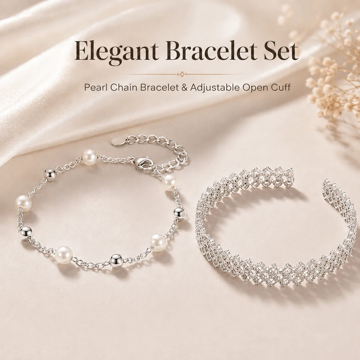 925 Silver Plated Bracelet Set for Women Pearl Chain Layered Bracelet Hollow Flower Adjustable Minimalist Jewelry Gift