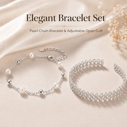 925 Silver Plated Bracelet Set for Women Pearl Chain Layered Bracelet Hollow Flower Adjustable Minimalist Jewelry Gift