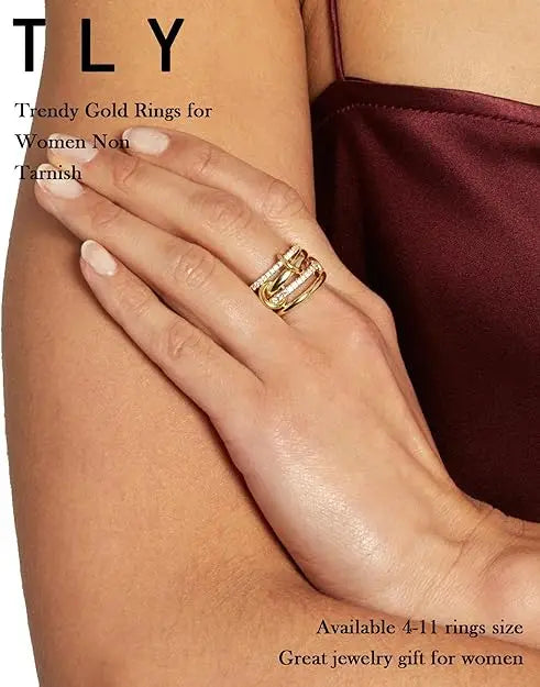 18K Gold Plated Interlocked Stackable Rings for Women Statement Ring Stack Set Gifts Cubic Zirconia Stacking Jewelry