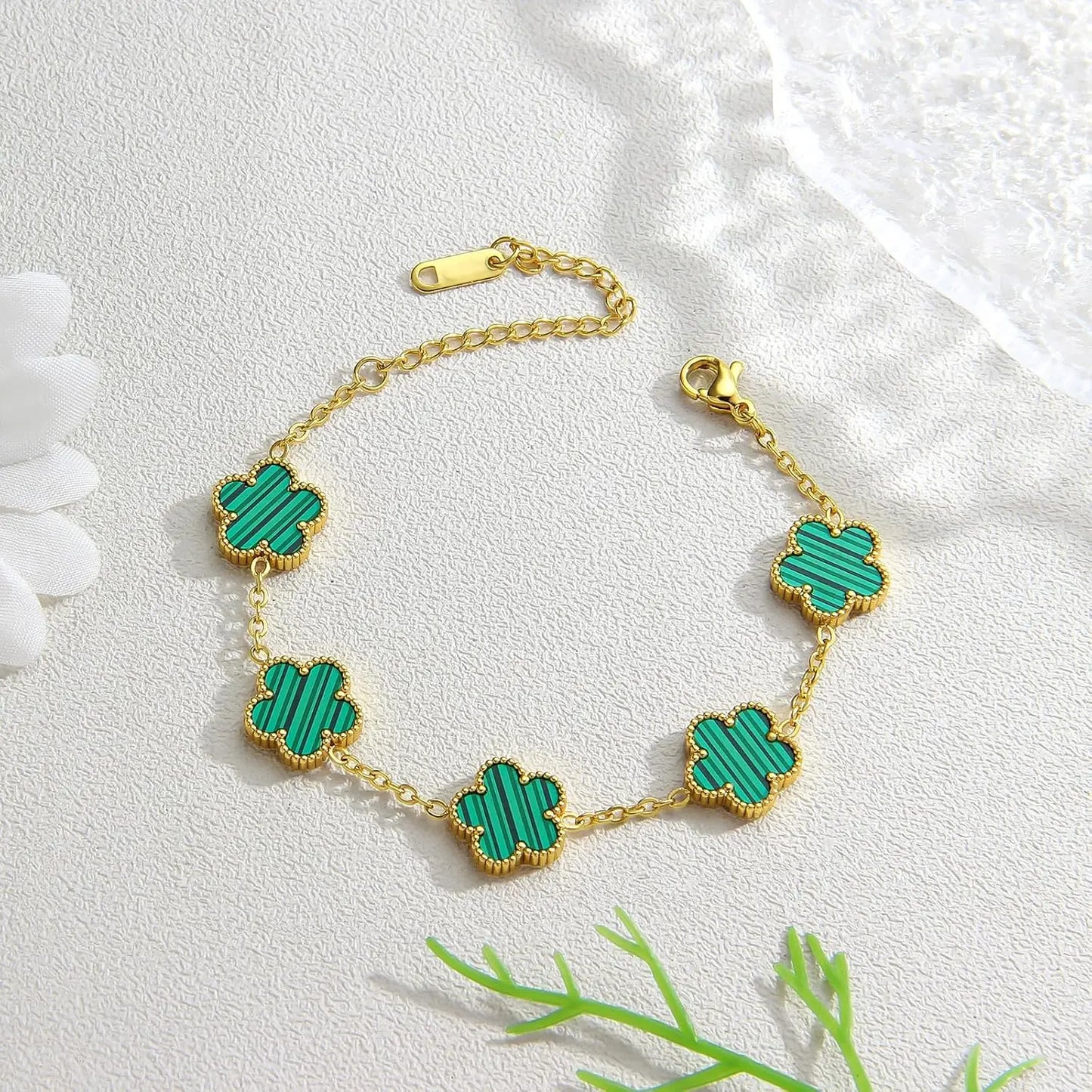 18K Gold Plated Bracelets for Women-2Pcs Love Cubic Zirconia Lucky Five Leaf Link Bracelets Dainty Bangle Stack Jewelry Set Gift