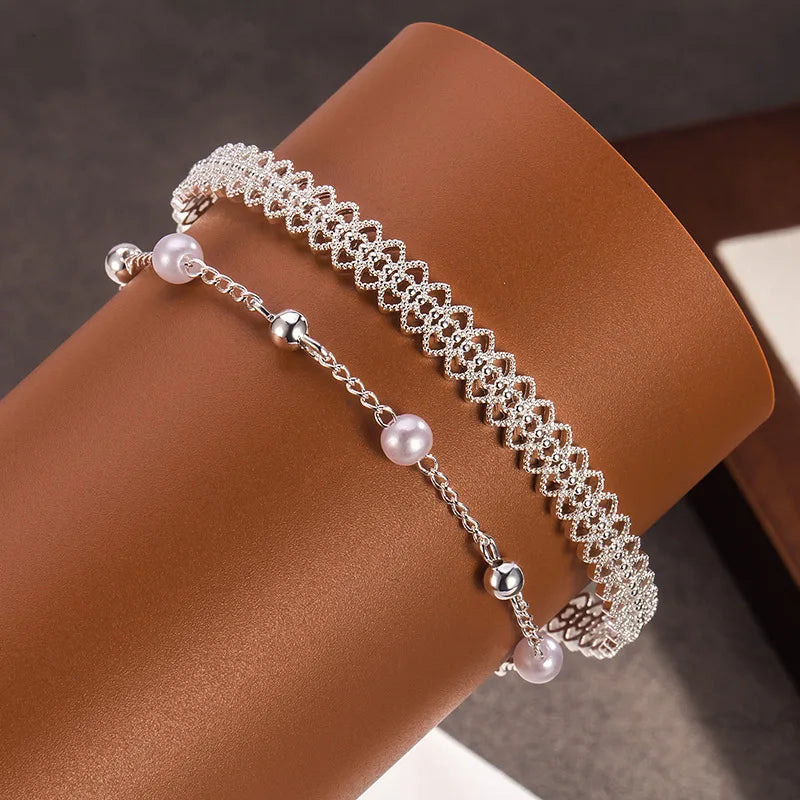 925 Silver Plated Bracelet Set for Women Pearl Chain Layered Bracelet Hollow Flower Adjustable Minimalist Jewelry Gift