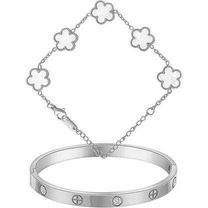 18K Gold Plated Bracelets for Women-2Pcs Love Cubic Zirconia Lucky Five Leaf Link Bracelets Dainty Bangle Stack Jewelry Set Gift