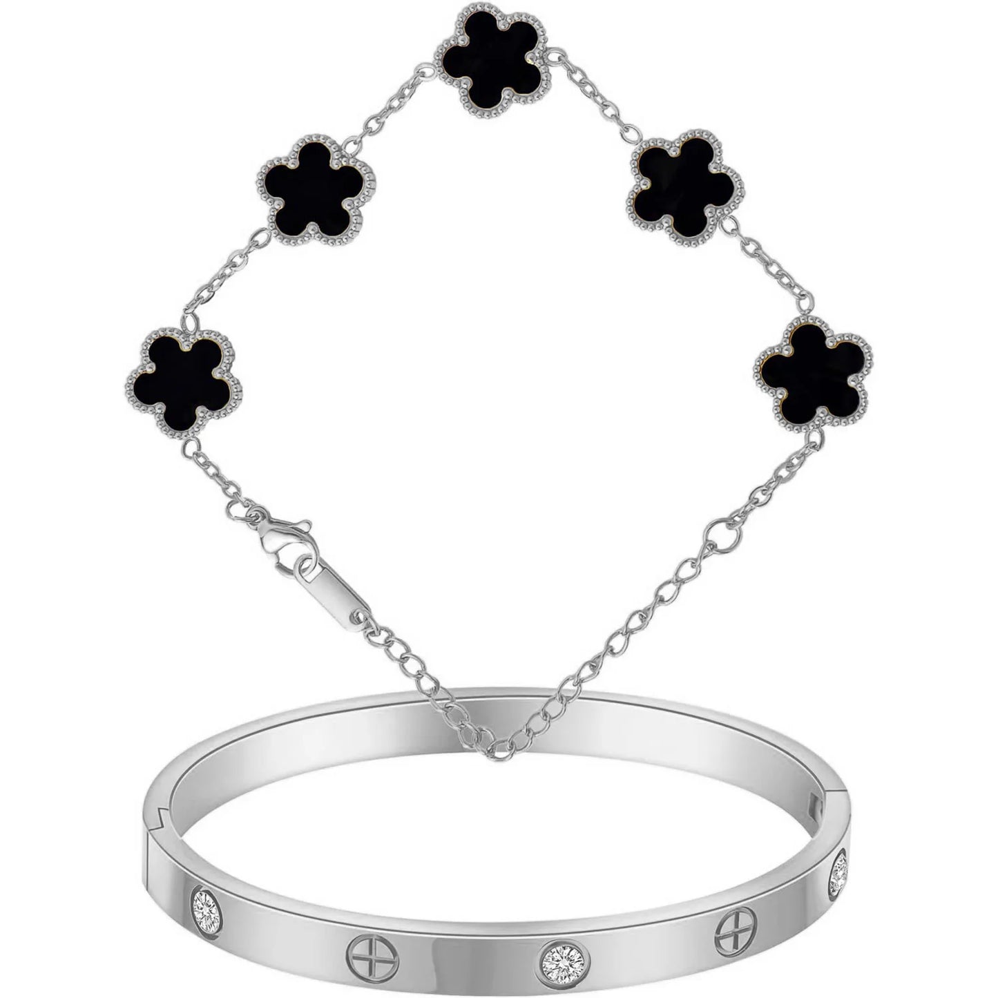 18K Gold Plated Bracelets for Women-2Pcs Love Cubic Zirconia Lucky Five Leaf Link Bracelets Dainty Bangle Stack Jewelry Set Gift