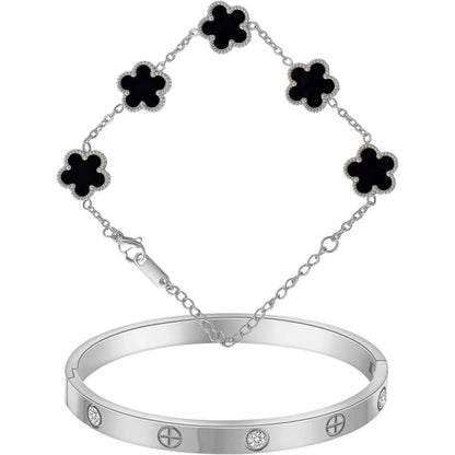 18K Gold Plated Bracelets for Women-2Pcs Love Cubic Zirconia Lucky Five Leaf Link Bracelets Dainty Bangle Stack Jewelry Set Gift