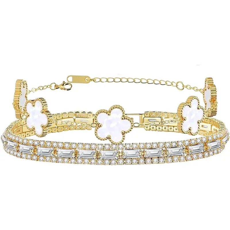 2Pcs Stackable Gold Bracelet Set for Women Cubic Zirconia Tennis Bracelet 18K Gold Plated Flower Bracelet Set Trendy Gifts