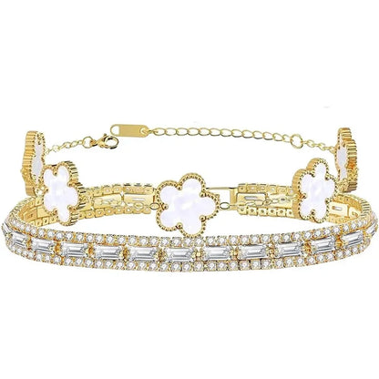 2Pcs Stackable Gold Bracelet Set for Women Cubic Zirconia Tennis Bracelet 18K Gold Plated Flower Bracelet Set Trendy Gifts