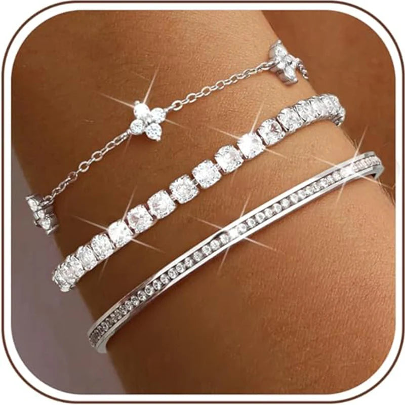 Shiny Crystal Stackable Bracelet for Women Dainty Clover Chain Square Zircon Bangle Stackable Adjustable Party Jewelry Gift