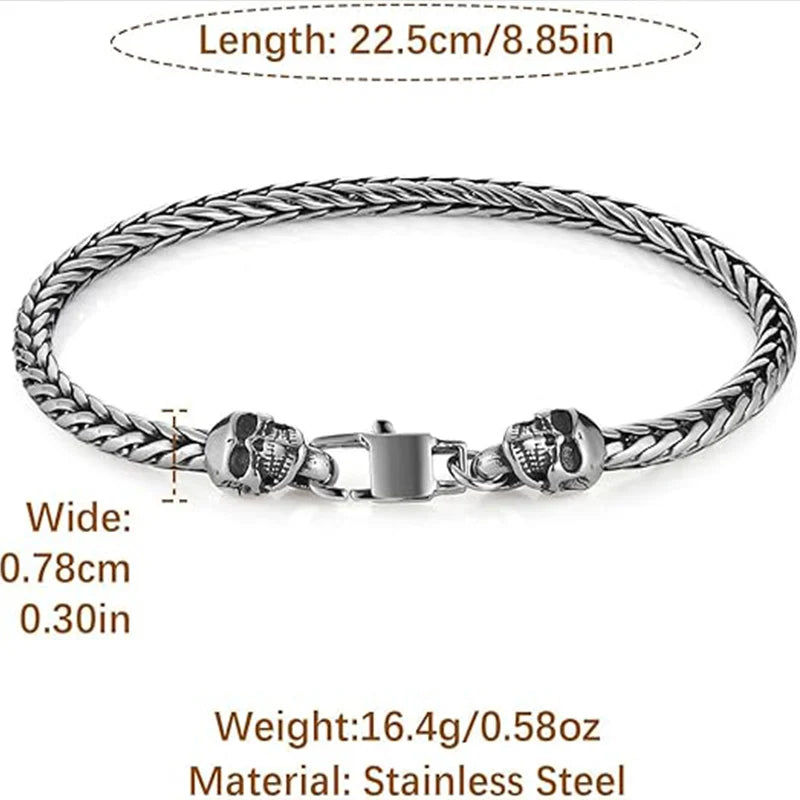 Punk Skull Rope Chain Bracelet Vintage Stainless Steel Woven Feather Carving Link Bracelet for Men Streetwear Jewelry