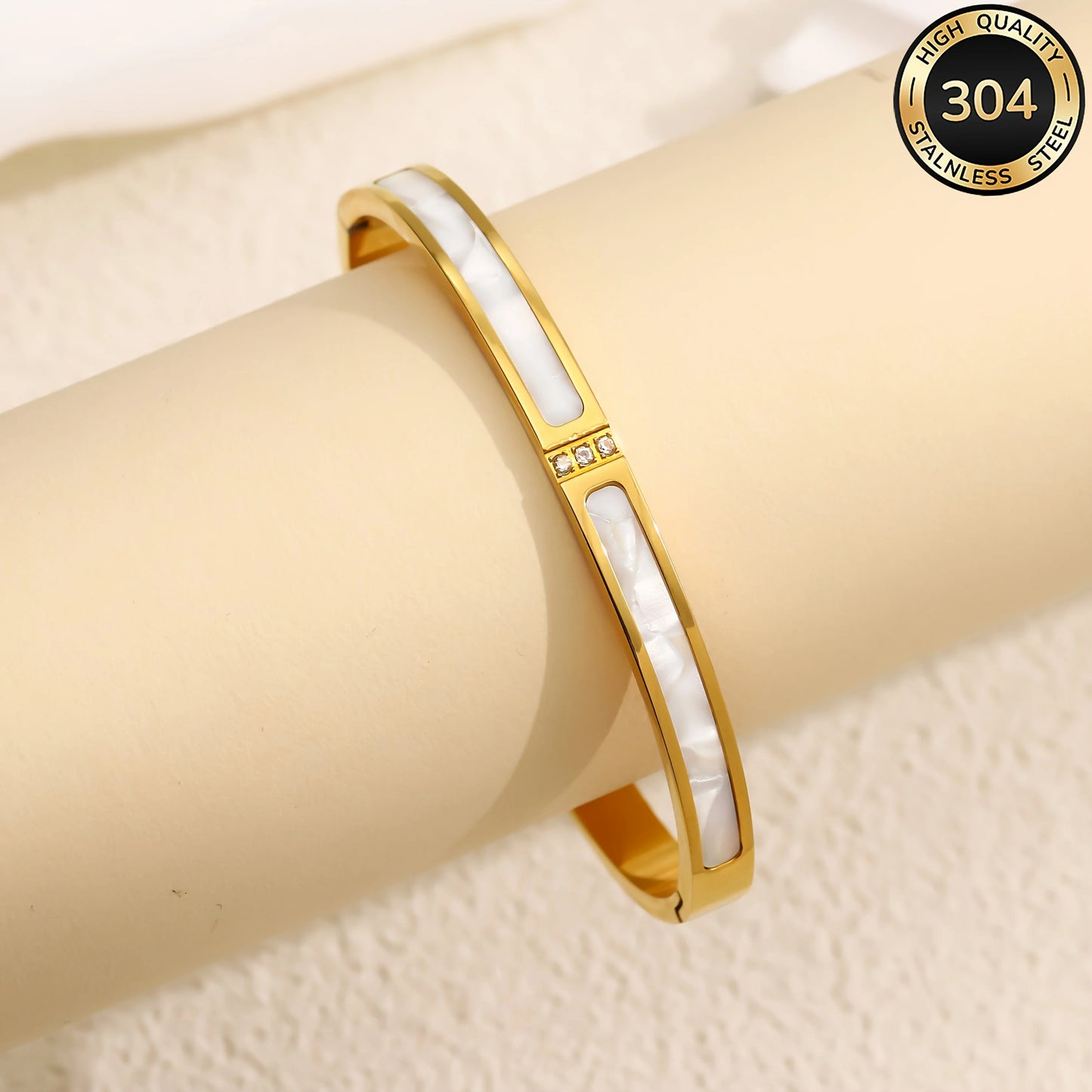 304 Stainless Steel Bangle Bracelet for Women White Shell Inlaid CZ Crystal Open Cuff Bangle Waterproof No Fade Daily Jewelry