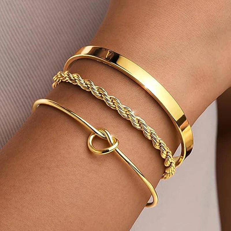 3Pcs Gold Stackable Bracelets Set for Women Dainty Knot Bangle Twisted Chain Bracelet Minimalist Steel Jewelry for Daily Wearing