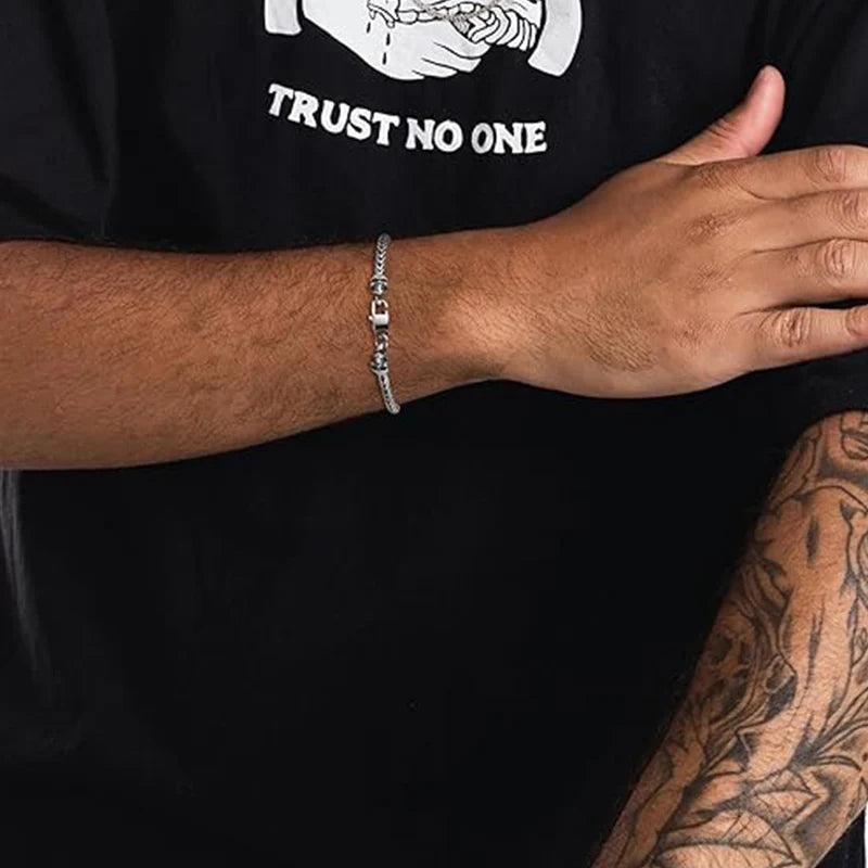 Punk Skull Rope Chain Bracelet Vintage Stainless Steel Woven Feather Carving Link Bracelet for Men Streetwear Jewelry