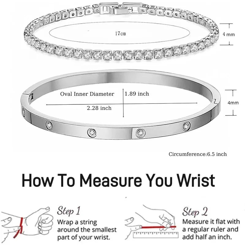 2Pcs/Set 18K Gold Plated Dainty Tennis Bracelets Love Bangle Bracelets 4/6mm Cubic Zirconia Classic Tennis Bracele for Women
