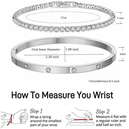 2Pcs/Set 18K Gold Plated Dainty Tennis Bracelets Love Bangle Bracelets 4/6mm Cubic Zirconia Classic Tennis Bracele for Women