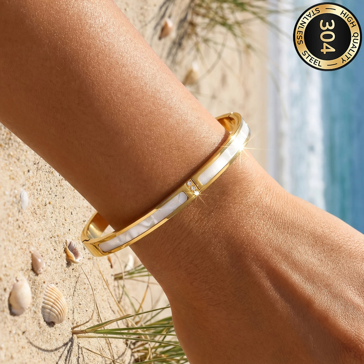 304 Stainless Steel Bangle Bracelet for Women White Shell Inlaid CZ Crystal Open Cuff Bangle Waterproof No Fade Daily Jewelry