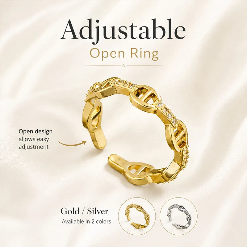 Oval Link D Letter Open Ring 14K Gold Plated Sparkling Zircon Minimalist Luxury Jewelry Adjustable Ring for Women Gift