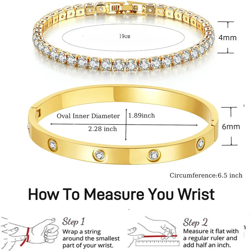 2Pcs/Set 18K Gold Plated Dainty Tennis Bracelets Love Bangle Bracelets 4/6mm Cubic Zirconia Classic Tennis Bracele for Women