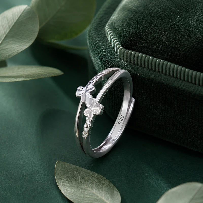 S925 Sterling Silver Triple Flower Open Ring Double Layer Adjustable Ring Minimalist Dainty Floral Jewelry for Women