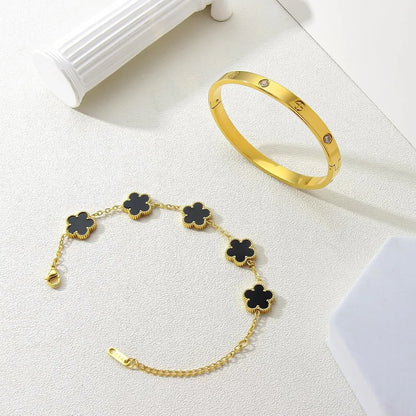 18K Gold Plated Bracelets for Women-2Pcs Love Cubic Zirconia Lucky Five Leaf Link Bracelets Dainty Bangle Stack Jewelry Set Gift
