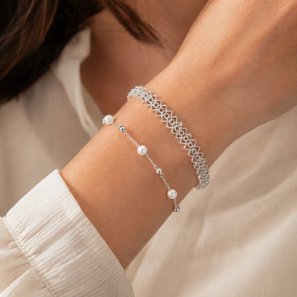 925 Silver Plated Bracelet Set for Women Pearl Chain Layered Bracelet Hollow Flower Adjustable Minimalist Jewelry Gift