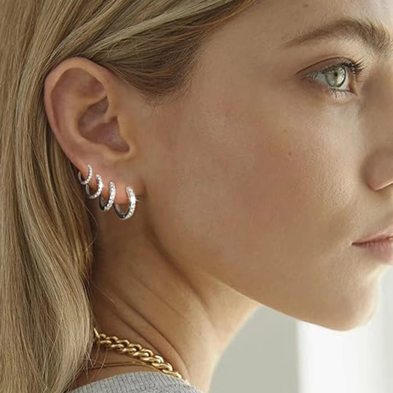 4 Pairs Small 925 Silver Plated CZ Hoop Earrings Set Cartilage Helix Sparkling Cubic Zirconia Huggie Hoops Earrings for Women