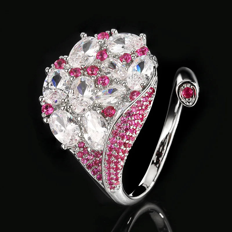 S925 Silver Multi-Color CZ Peacock Open Ring Fine Ruby Blue Kyanite Sparkling Adjustable Statement Ring for Women Jewelry Gifts