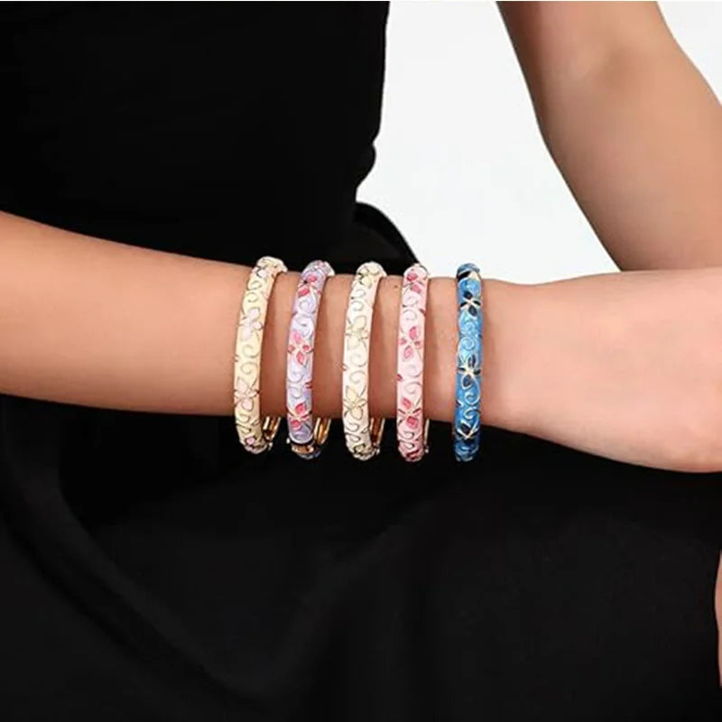 Cloisonne Bracelet For Women Flower Shaped Enamel Bling Chunky Bangle Trendy Colorful Gold Plated Vintage Stackable Jewelry
