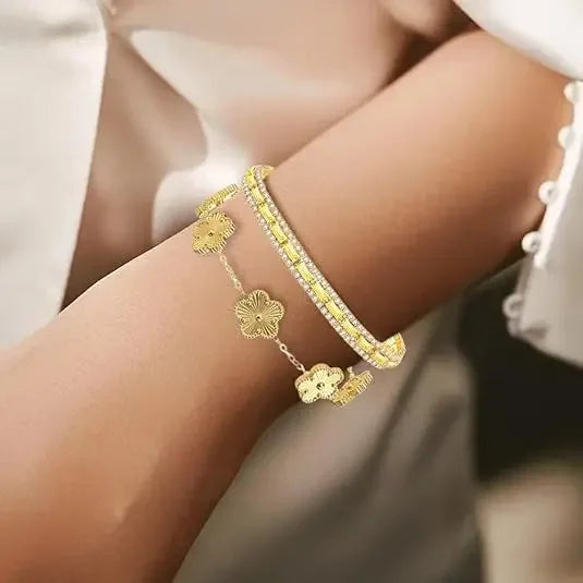 2Pcs Stackable Gold Bracelet Set for Women Cubic Zirconia Tennis Bracelet 18K Gold Plated Flower Bracelet Set Trendy Gifts