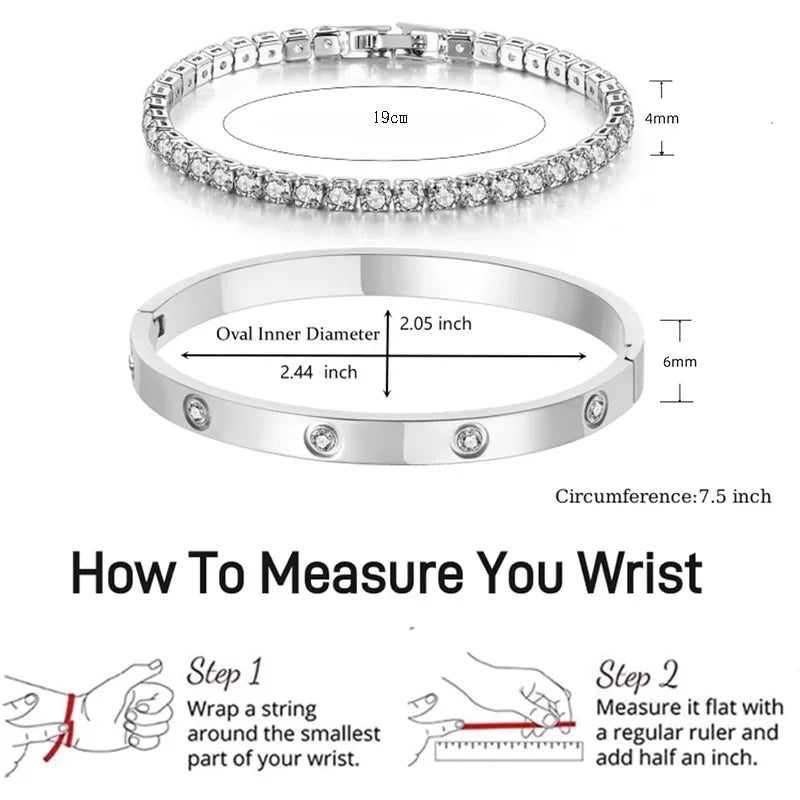 2Pcs/Set 18K Gold Plated Dainty Tennis Bracelets Love Bangle Bracelets 4/6mm Cubic Zirconia Classic Tennis Bracele for Women